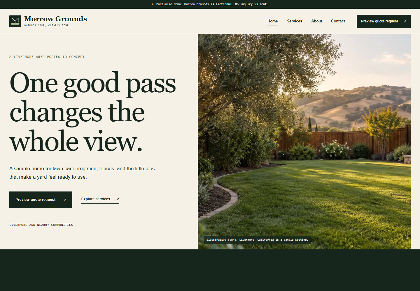 Morrow Grounds homepage with a warm ivory layout and landscaped garden imagery
