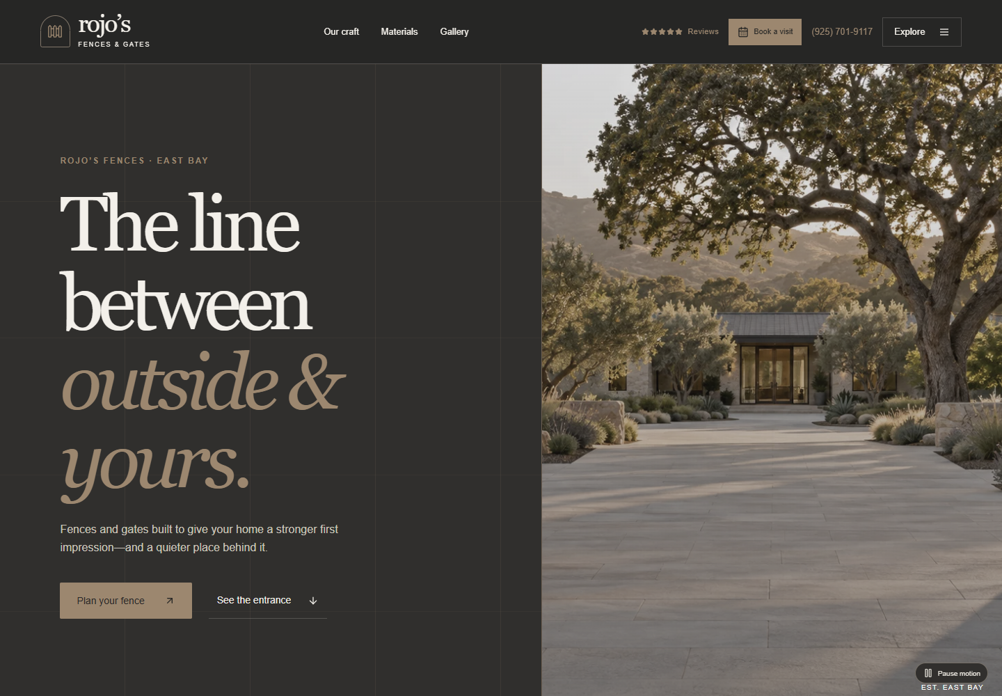 Rojo’s Fences homepage with a dark editorial layout and courtyard imagery